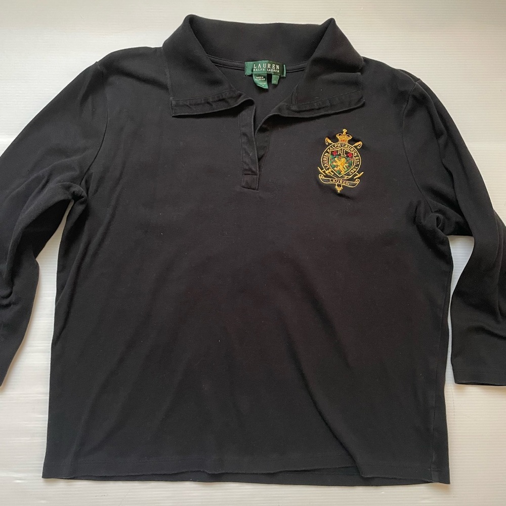 Lauren Ralph Lauren Womans Crop Polo Top Black Embroidered Crest Patch Size L